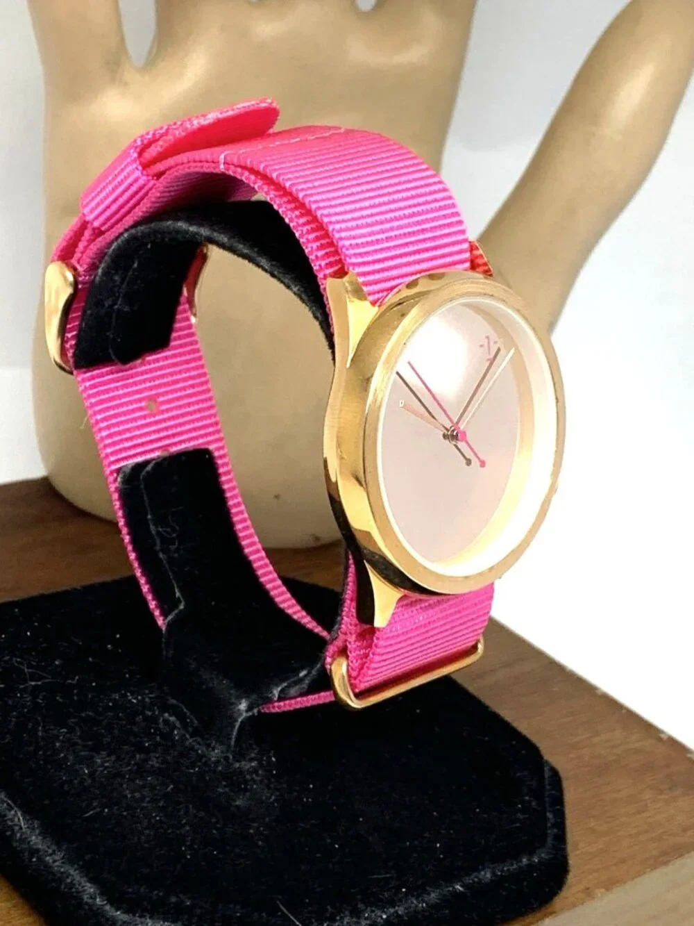 1: Face Mirror Dial Women's Watch Quartz Rose Gold Tone Pink Nylon Strap 40mm